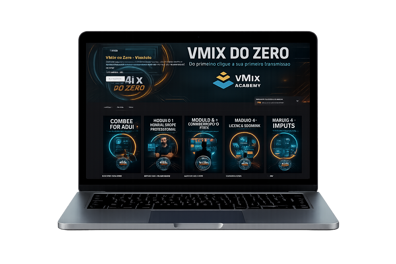 Curso vMix do Zero exibido em um notebook